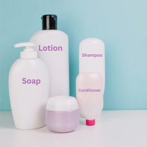 Image of toiletry bottles from FreePik. Lotion, Soap, Shampoo, Conditioner.